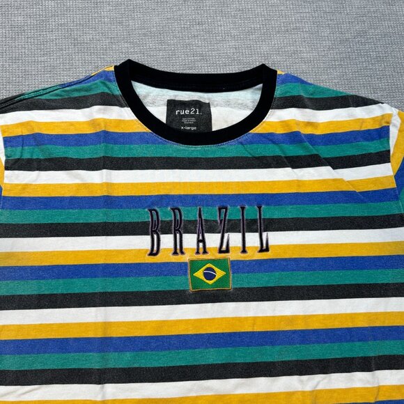 Rue21 Mens Brazil Stripe Crewneck T-Shirt Multicolor Retro Casual Size X-Large - Picture 3 of 8